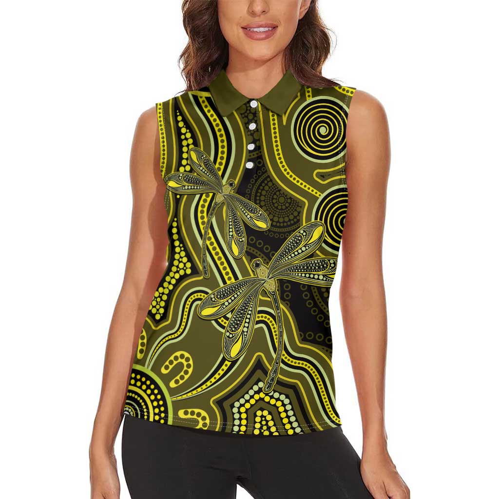 Yellow Indigenous Dragonfly Australia Women Sleeveless Polo Shirt Aboriginal Art - Aussie Hoodie