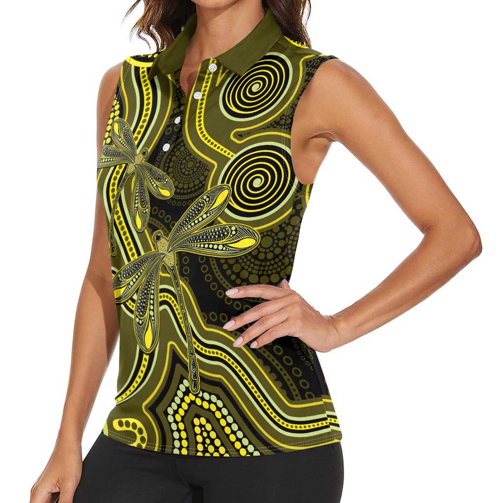 Yellow Indigenous Dragonfly Australia Women Sleeveless Polo Shirt Aboriginal Art - Aussie Hoodie