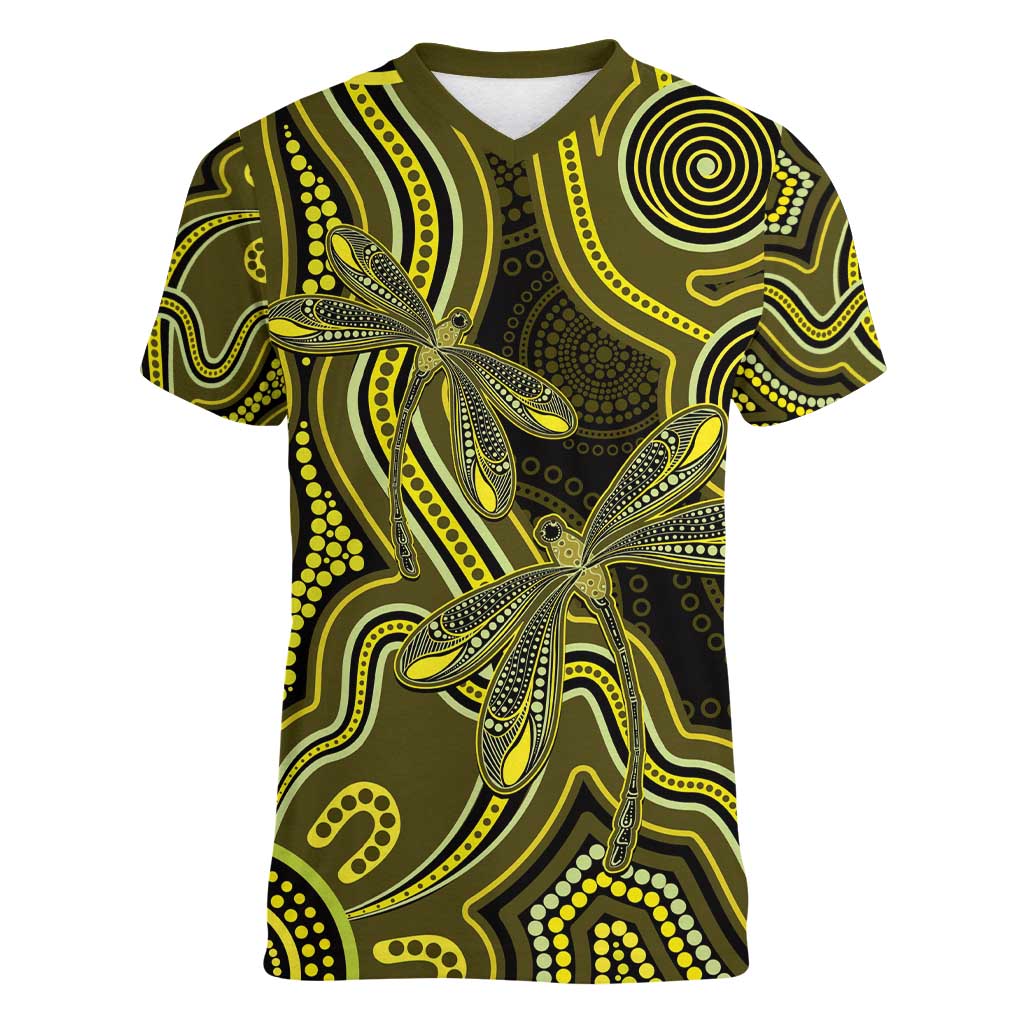 Yellow Indigenous Dragonfly Australia Women V-Neck T-Shirt Aboriginal Art - Aussie Hoodie