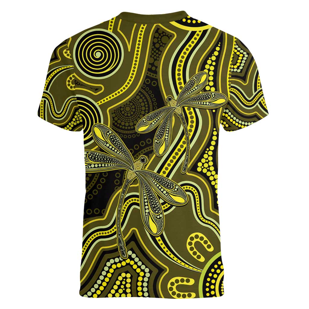 Yellow Indigenous Dragonfly Australia Women V-Neck T-Shirt Aboriginal Art - Aussie Hoodie