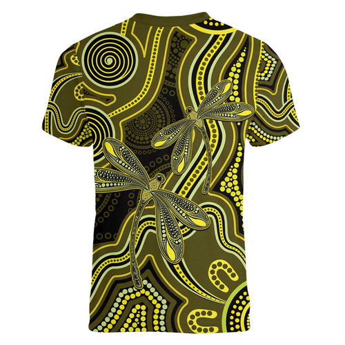 Yellow Indigenous Dragonfly Australia Women V-Neck T-Shirt Aboriginal Art - Aussie Hoodie