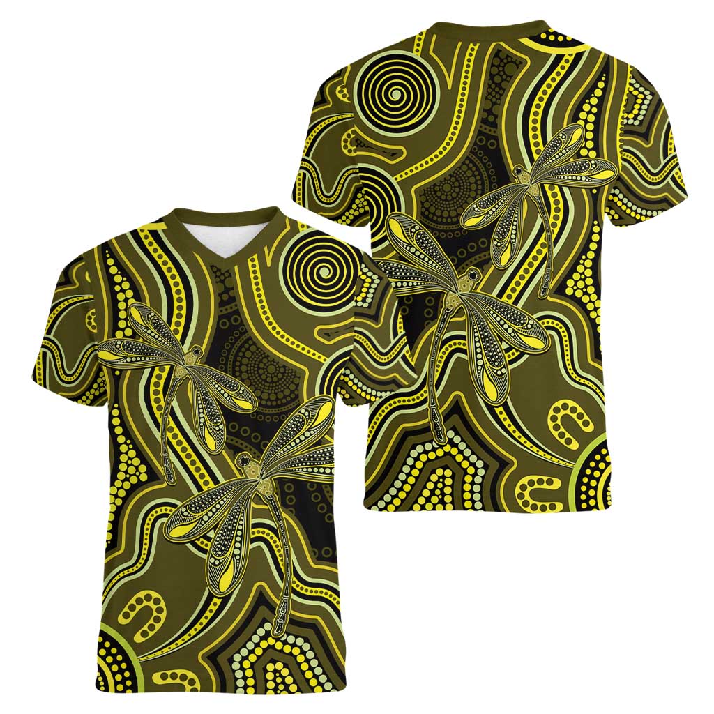 Yellow Indigenous Dragonfly Australia Women V-Neck T-Shirt Aboriginal Art - Aussie Hoodie