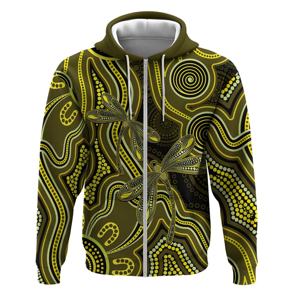 Yellow Indigenous Dragonfly Australia Zip Hoodie Aboriginal Art - Aussie Hoodie