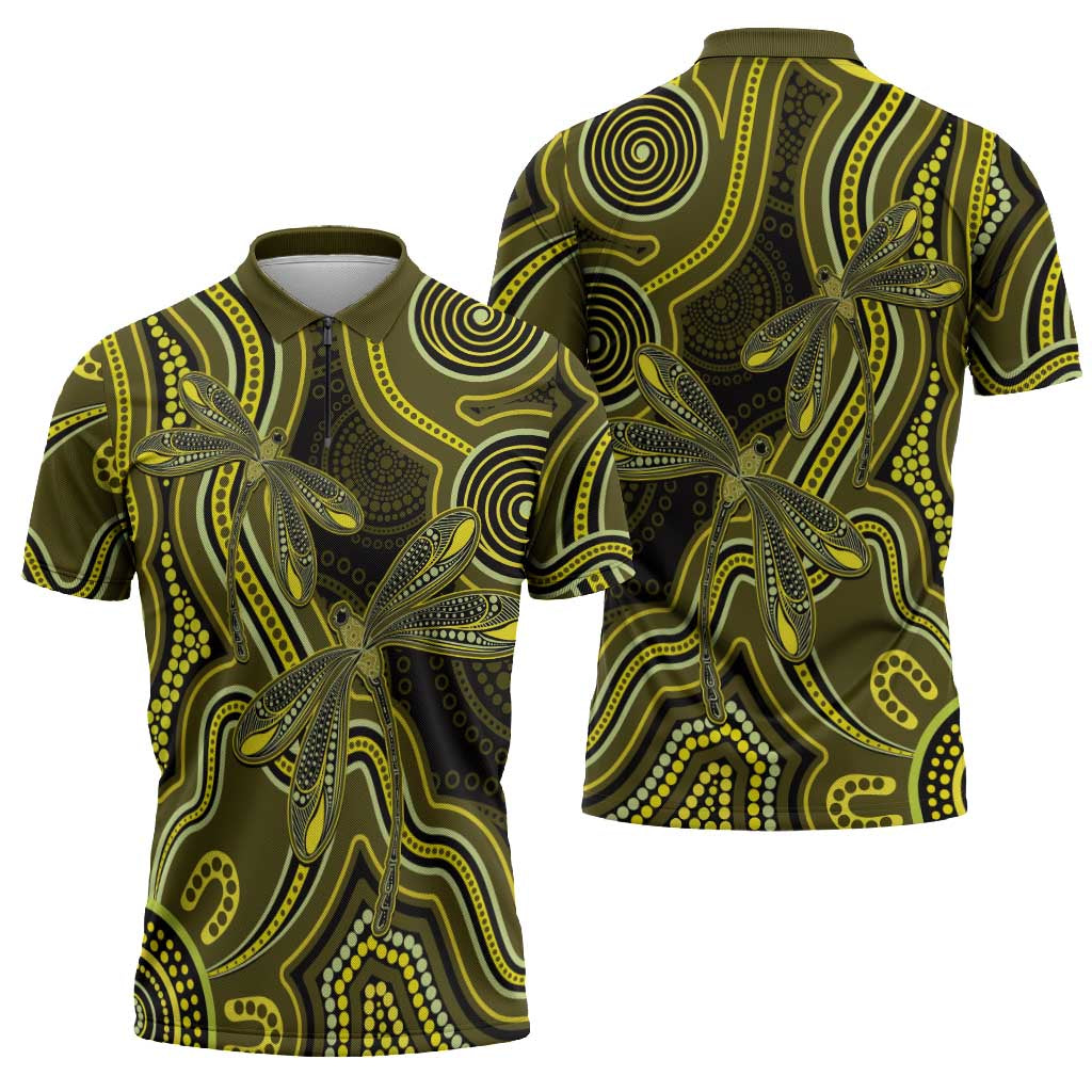 Yellow Indigenous Dragonfly Australia Zipper Polo Shirt Aboriginal Art - Aussie Hoodie