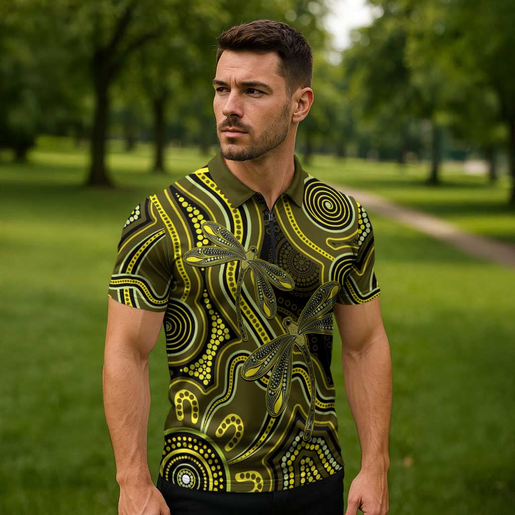 Yellow Indigenous Dragonfly Australia Zipper Polo Shirt Aboriginal Art - Aussie Hoodie