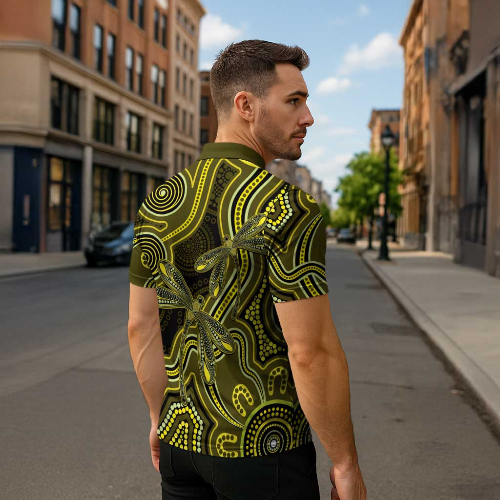 Yellow Indigenous Dragonfly Australia Zipper Polo Shirt Aboriginal Art - Aussie Hoodie