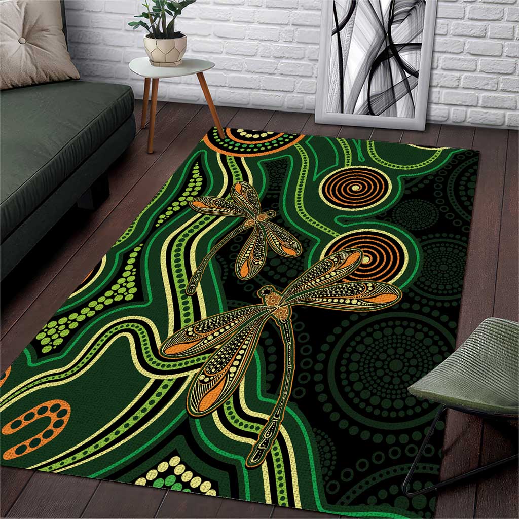 Green Indigenous Dragonfly Australia Area Rug Aboriginal Art - Aussie Hoodie