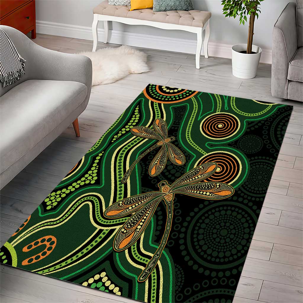 Green Indigenous Dragonfly Australia Area Rug Aboriginal Art - Aussie Hoodie