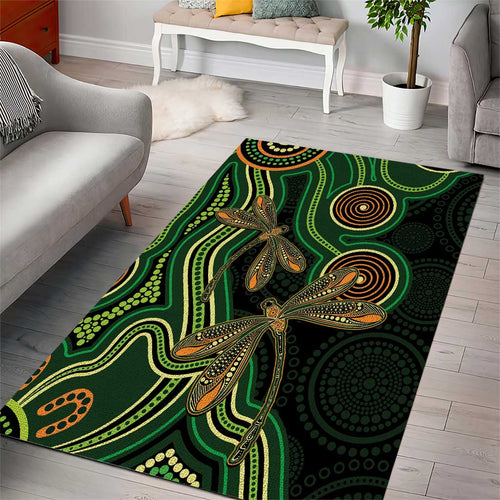 Green Indigenous Dragonfly Australia Area Rug Aboriginal Art - Aussie Hoodie