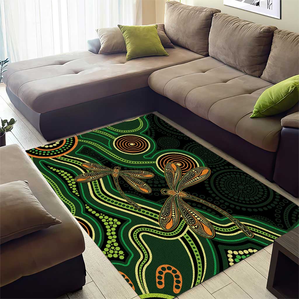 Green Indigenous Dragonfly Australia Area Rug Aboriginal Art - Aussie Hoodie