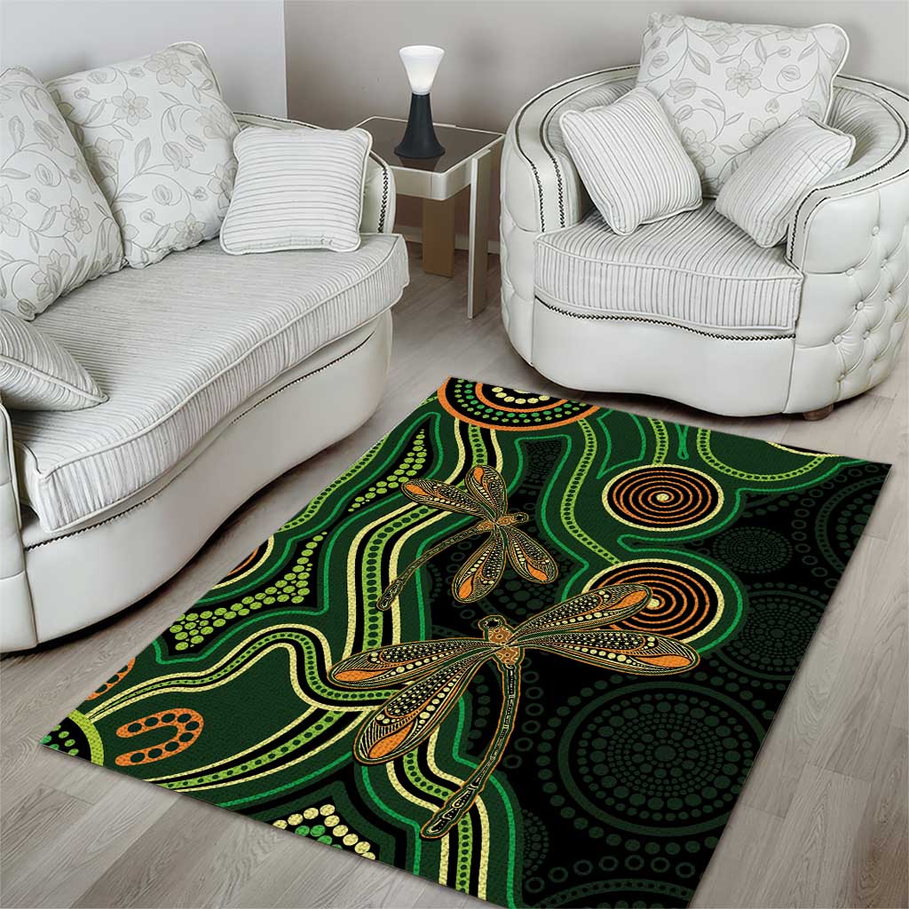 Green Indigenous Dragonfly Australia Area Rug Aboriginal Art - Aussie Hoodie