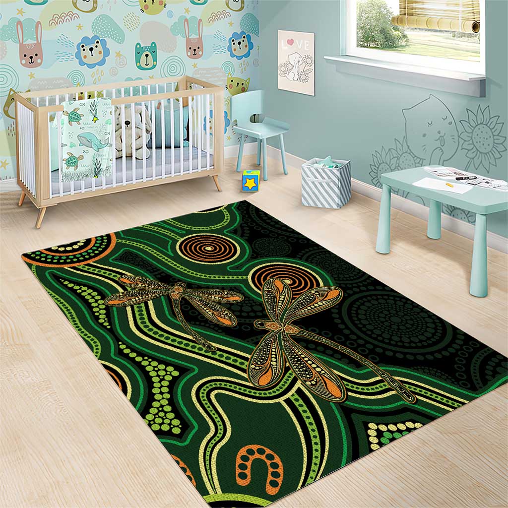 Green Indigenous Dragonfly Australia Area Rug Aboriginal Art - Aussie Hoodie