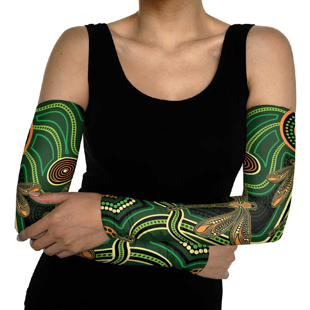 Green Indigenous Dragonfly Australia Arm Sleeves Aboriginal Art - Aussie Hoodie