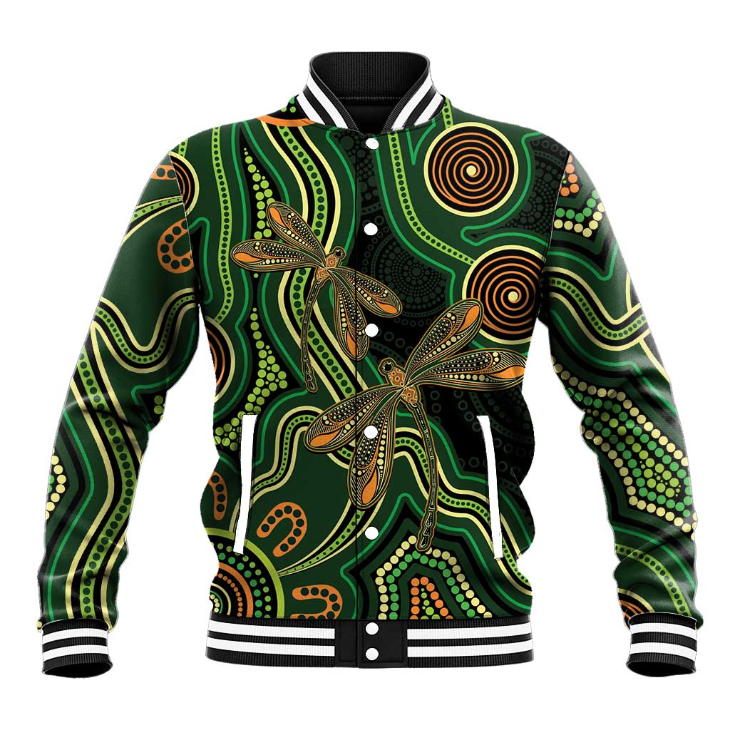 Green Indigenous Dragonfly Australia Baseball Jacket Aboriginal Art - Aussie Hoodie