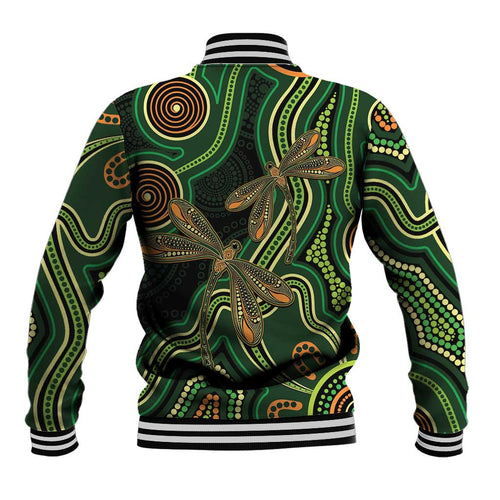 Green Indigenous Dragonfly Australia Baseball Jacket Aboriginal Art - Aussie Hoodie