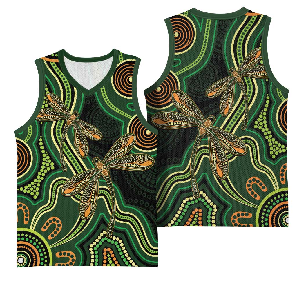 Green Indigenous Dragonfly Australia Basketball Jersey Aboriginal Art - Aussie Hoodie