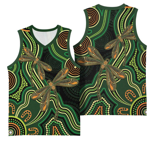 Green Indigenous Dragonfly Australia Basketball Jersey Aboriginal Art - Aussie Hoodie