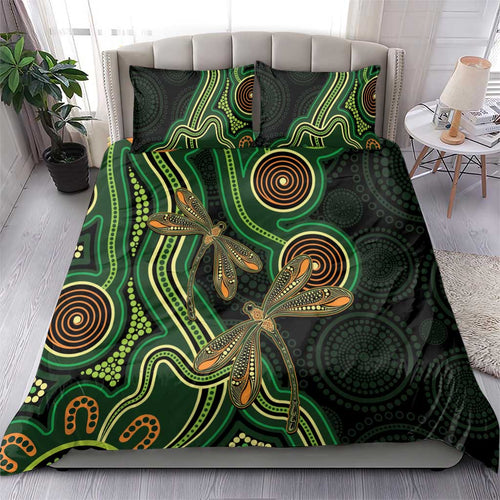 Green Indigenous Dragonfly Australia Bedding Set Aboriginal Art - Aussie Hoodie