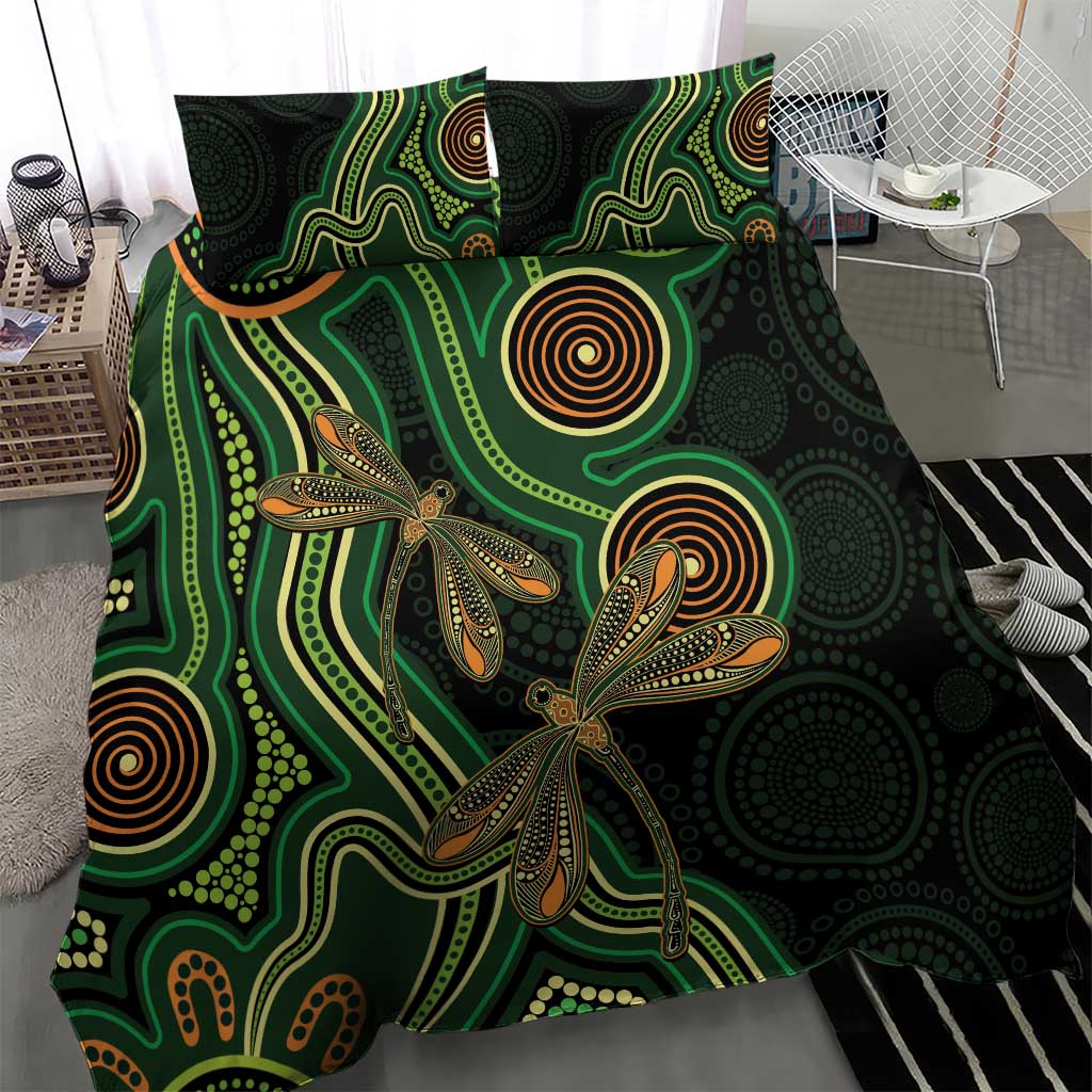 Green Indigenous Dragonfly Australia Bedding Set Aboriginal Art - Aussie Hoodie