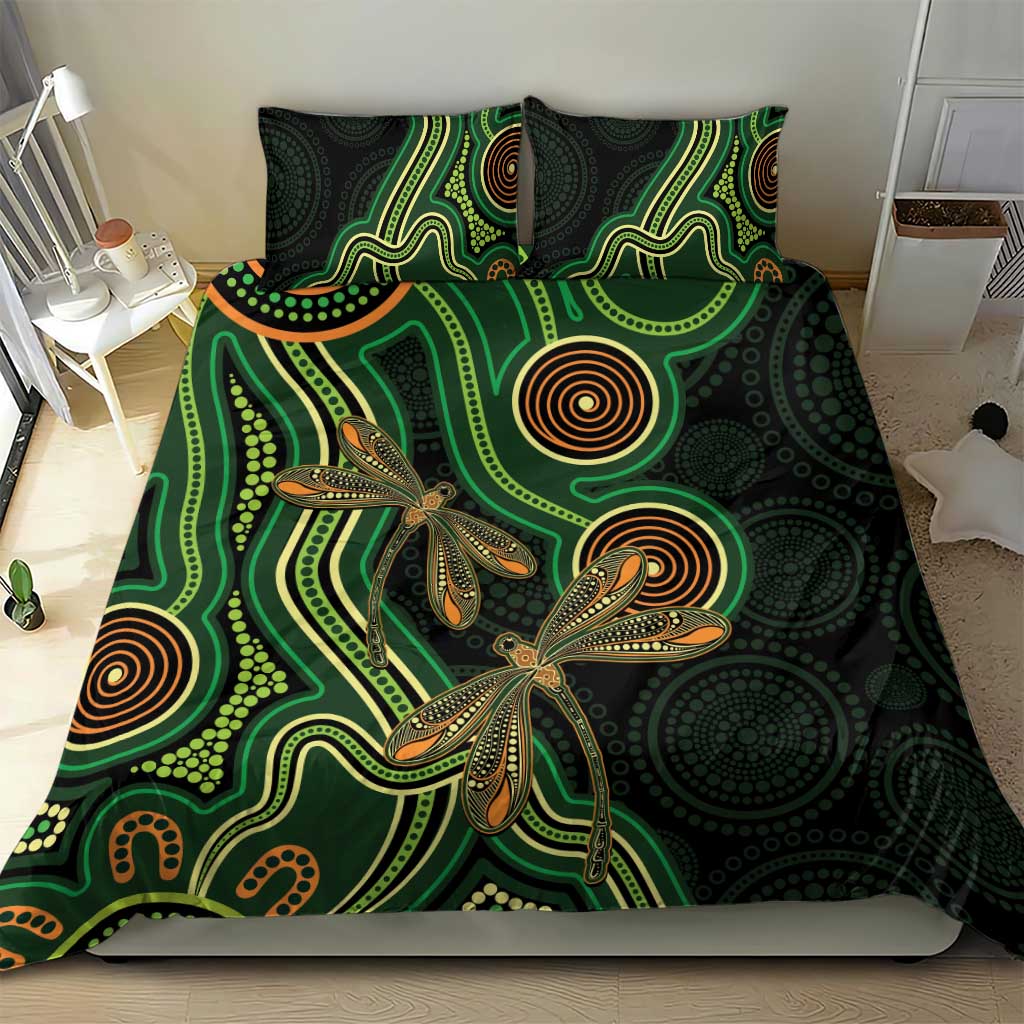 Green Indigenous Dragonfly Australia Bedding Set Aboriginal Art - Aussie Hoodie