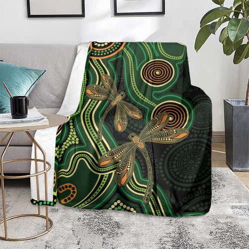 Green Indigenous Dragonfly Australia Blanket Aboriginal Art - Aussie Hoodie