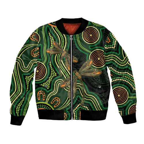 Green Indigenous Dragonfly Australia Bomber Jacket Aboriginal Art - Aussie Hoodie