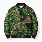 Green Indigenous Dragonfly Australia Bomber Puffer Jacket Aboriginal Art - Aussie Hoodie