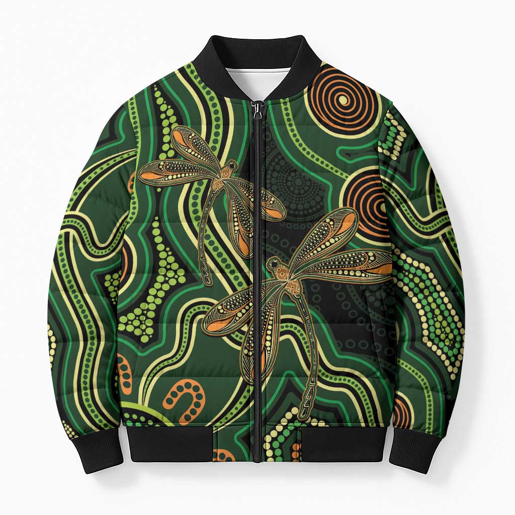 Green Indigenous Dragonfly Australia Bomber Puffer Jacket Aboriginal Art - Aussie Hoodie