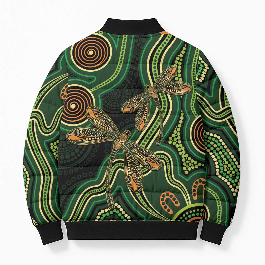 Green Indigenous Dragonfly Australia Bomber Puffer Jacket Aboriginal Art - Aussie Hoodie