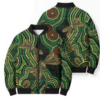 Green Indigenous Dragonfly Australia Bomber Puffer Jacket Aboriginal Art - Aussie Hoodie