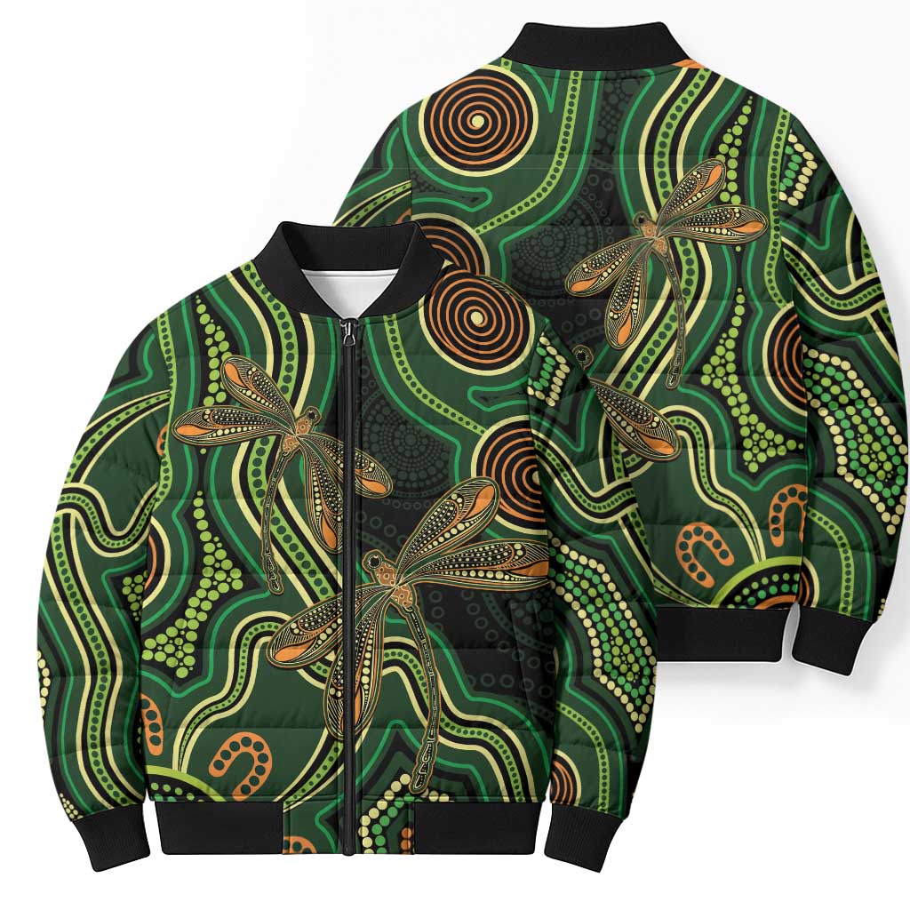 Green Indigenous Dragonfly Australia Bomber Puffer Jacket Aboriginal Art - Aussie Hoodie