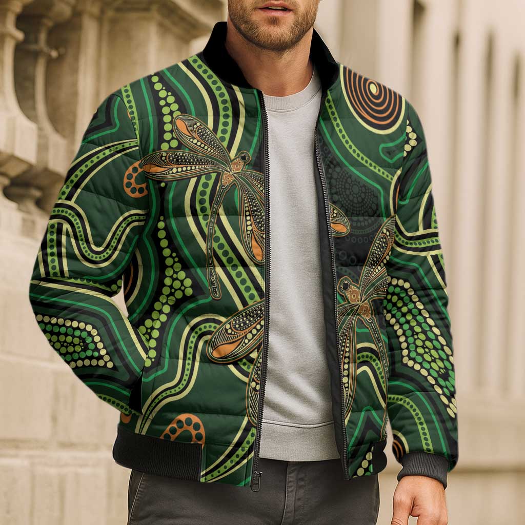 Green Indigenous Dragonfly Australia Bomber Puffer Jacket Aboriginal Art - Aussie Hoodie