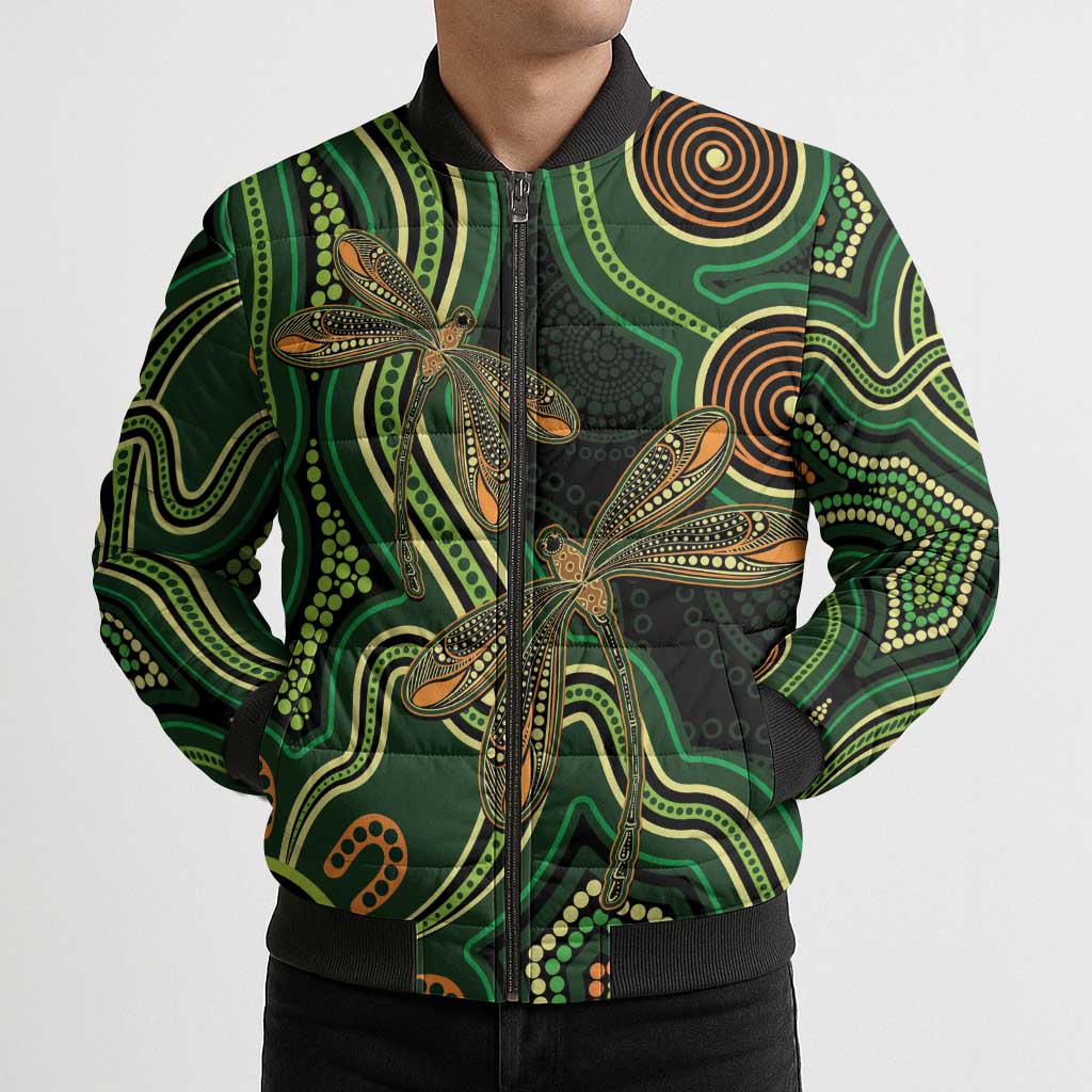 Green Indigenous Dragonfly Australia Bomber Puffer Jacket Aboriginal Art - Aussie Hoodie
