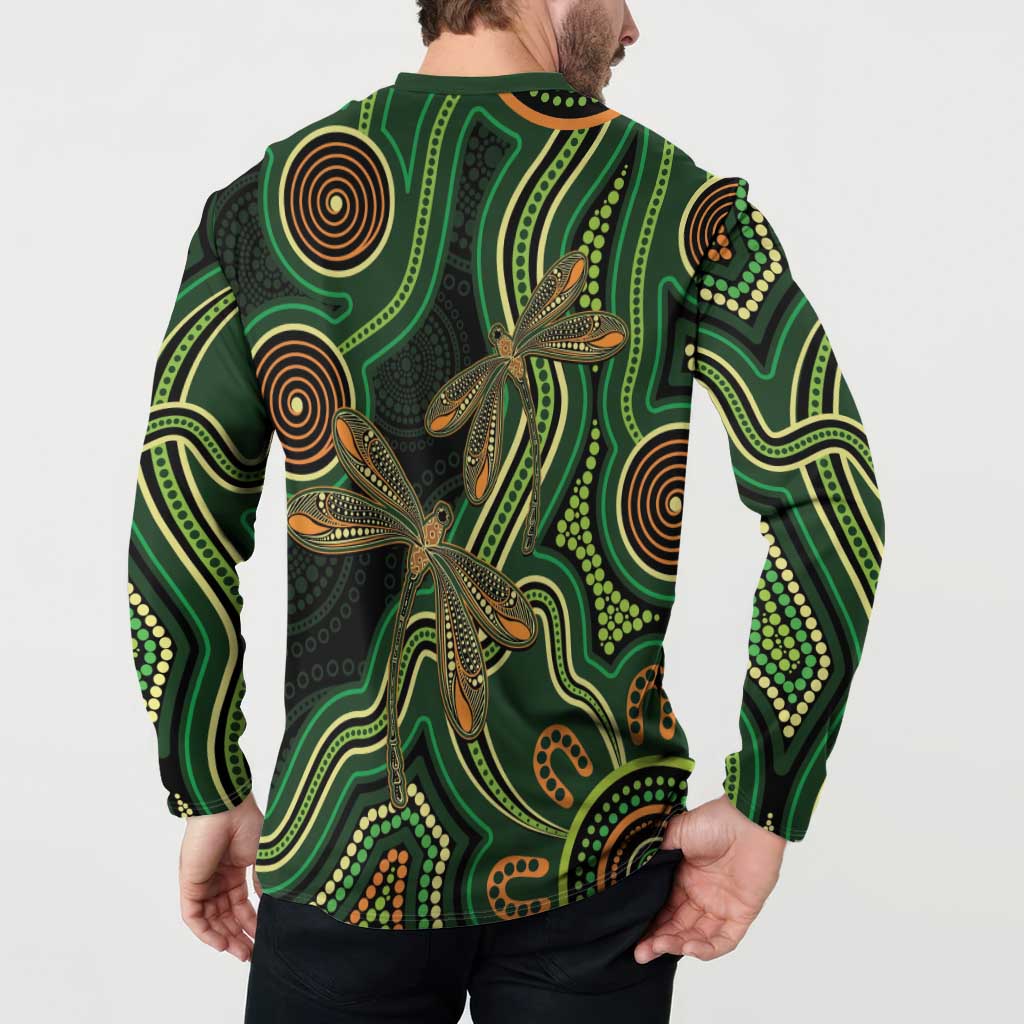 Green Indigenous Dragonfly Australia Button Sweatshirt Aboriginal Art - Aussie Hoodie