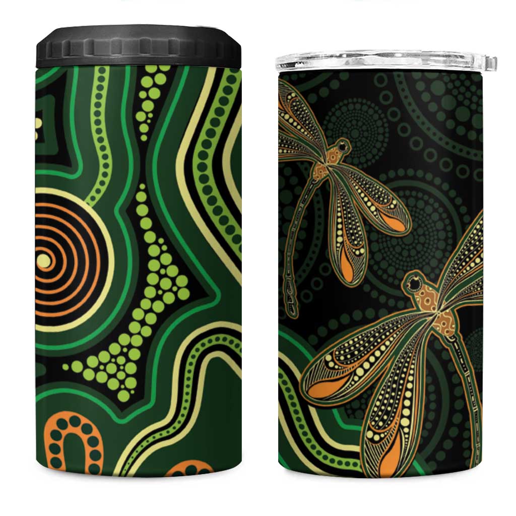 Green Indigenous Dragonfly Australia 4 in 1 Can Cooler Tumbler Aboriginal Art - Aussie Hoodie