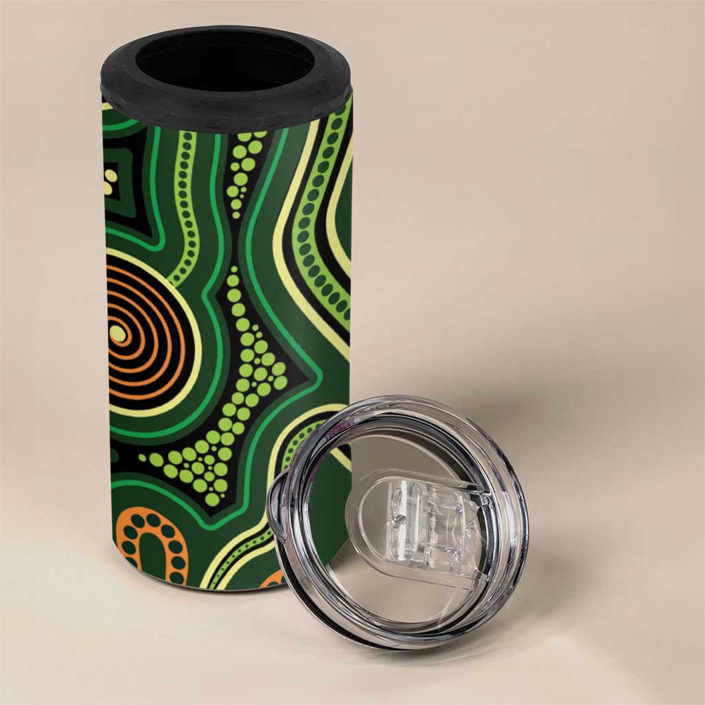 Green Indigenous Dragonfly Australia 4 in 1 Can Cooler Tumbler Aboriginal Art - Aussie Hoodie