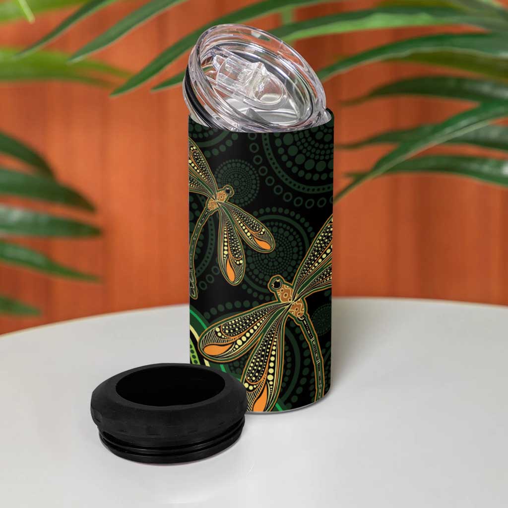 Green Indigenous Dragonfly Australia 4 in 1 Can Cooler Tumbler Aboriginal Art - Aussie Hoodie
