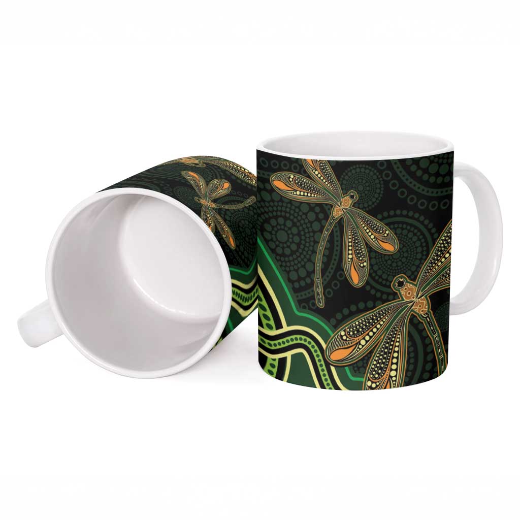 Green Indigenous Dragonfly Australia Ceramic Mug Aboriginal Art - Aussie Hoodie