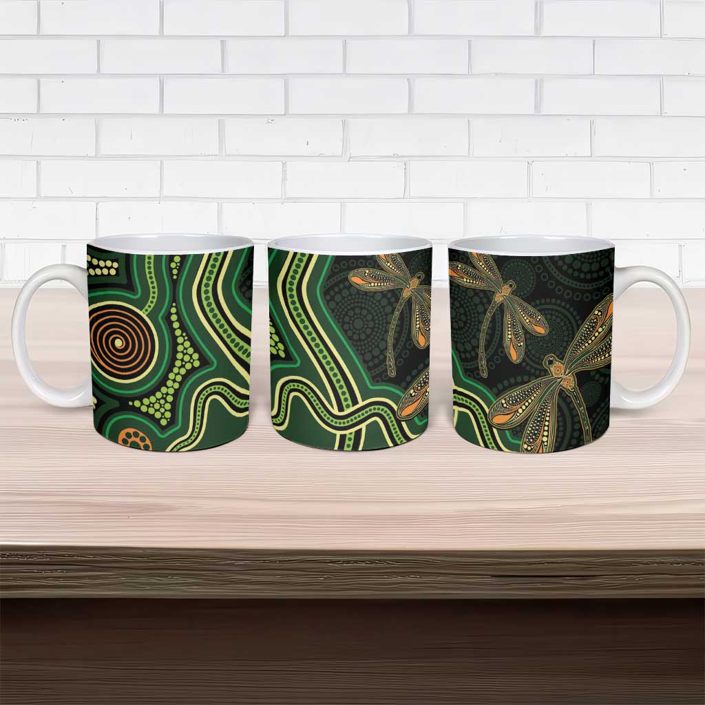 Green Indigenous Dragonfly Australia Ceramic Mug Aboriginal Art - Aussie Hoodie