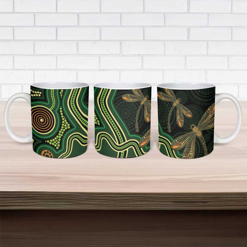 Green Indigenous Dragonfly Australia Ceramic Mug Aboriginal Art - Aussie Hoodie