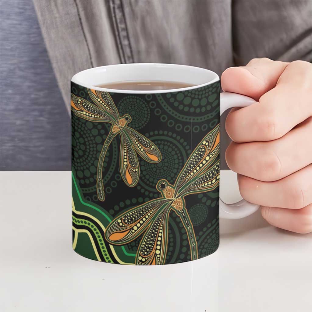 Green Indigenous Dragonfly Australia Ceramic Mug Aboriginal Art - Aussie Hoodie