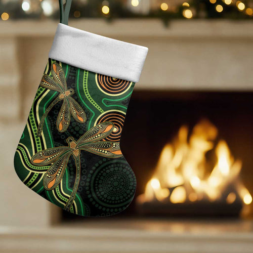 Green Indigenous Dragonfly Australia Christmas Stocking Aboriginal Art - Aussie Hoodie