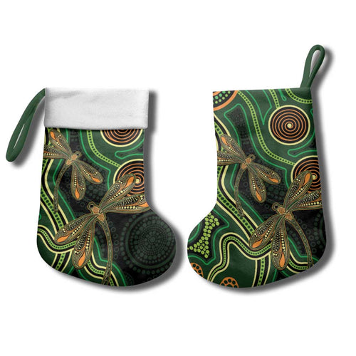 Green Indigenous Dragonfly Australia Christmas Stocking Aboriginal Art - Aussie Hoodie