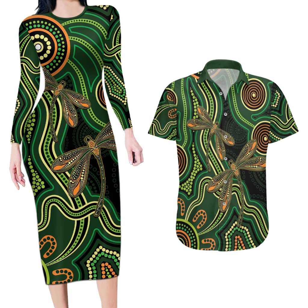 Green Indigenous Dragonfly Australia Couples Matching Long Sleeve Bodycon Dress and Hawaiian Shirt Aboriginal Art - Aussie Hoodie