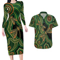 Green Indigenous Dragonfly Australia Couples Matching Long Sleeve Bodycon Dress and Hawaiian Shirt Aboriginal Art - Aussie Hoodie
