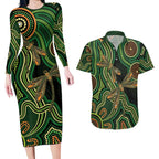 Green Indigenous Dragonfly Australia Couples Matching Long Sleeve Bodycon Dress and Hawaiian Shirt Aboriginal Art - Aussie Hoodie