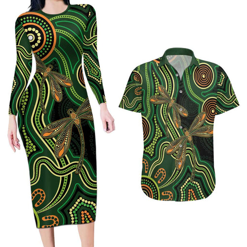 Green Indigenous Dragonfly Australia Couples Matching Long Sleeve Bodycon Dress and Hawaiian Shirt Aboriginal Art - Aussie Hoodie