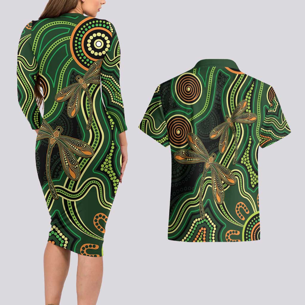 Green Indigenous Dragonfly Australia Couples Matching Long Sleeve Bodycon Dress and Hawaiian Shirt Aboriginal Art - Aussie Hoodie