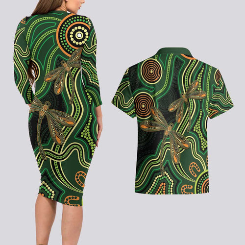 Green Indigenous Dragonfly Australia Couples Matching Long Sleeve Bodycon Dress and Hawaiian Shirt Aboriginal Art - Aussie Hoodie