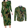 Green Indigenous Dragonfly Australia Couples Matching Long Sleeve Bodycon Dress and Long Sleeve Button Shirt Aboriginal Art - Aussie Hoodie